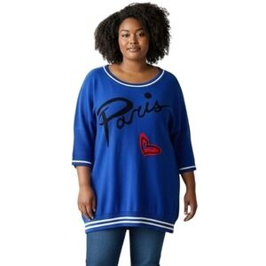 French Rendez Vous Women's XL Paris Heart Graphic Striped Knit Sweater